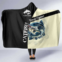 Catfish Fishing Customize Name Hooded Blanket Splash Effect and Black Cream Split Design - Wonder Print Shop