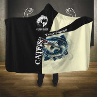 Catfish Fishing Customize Name Hooded Blanket Splash Effect and Black Cream Split Design - Wonder Print Shop