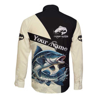 Catfish Fishing Customize Name Long Sleeve Button Shirt Splash Effect and Black Cream Split Design - Wonder Print Shop