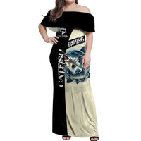 Catfish Fishing Customize Name Off Shoulder Maxi Dress Splash Effect and Black Cream Split Design - Wonder Print Shop