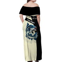 Catfish Fishing Customize Name Off Shoulder Maxi Dress Splash Effect and Black Cream Split Design - Wonder Print Shop