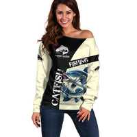 Catfish Fishing Customize Name Off Shoulder Sweater Splash Effect and Black Cream Split Design - Wonder Print Shop