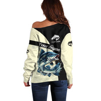 Catfish Fishing Customize Name Off Shoulder Sweater Splash Effect and Black Cream Split Design - Wonder Print Shop