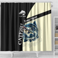 Catfish Fishing Customize Name Shower Curtain Splash Effect and Black Cream Split Design - Wonder Print Shop