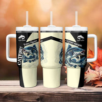 Catfish Fishing Customize Name Tumbler With Handle Splash Effect and Black Cream Split Design - Wonder Print Shop