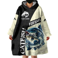 Catfish Fishing Customize Name Wearable Blanket Hoodie Splash Effect and Black Cream Split Design - Wonder Print Shop
