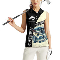 Catfish Fishing Customize Name Women Sleeveless Polo Shirt Splash Effect and Black Cream Split Design - Wonder Print Shop