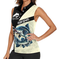 Catfish Fishing Customize Name Women Sleeveless Polo Shirt Splash Effect and Black Cream Split Design - Wonder Print Shop