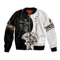 Carp Hunter Bowfishing Customize Name Bomber Jacket Camouflage Archer Graphic and Black White Split Layout - Wonder Print Shop