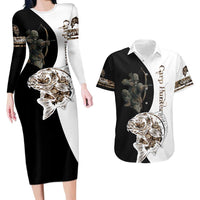 Carp Hunter Bowfishing Customize Name Couples Matching Long Sleeve Bodycon Dress and Hawaiian Shirt Camouflage Archer Graphic and Black White Split Layout - Wonder Print Shop
