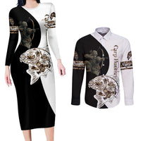 Carp Hunter Bowfishing Customize Name Couples Matching Long Sleeve Bodycon Dress and Long Sleeve Button Shirt Camouflage Archer Graphic and Black White Split Layout - Wonder Print Shop