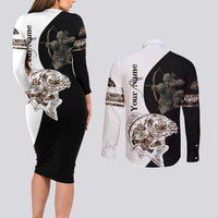 Carp Hunter Bowfishing Customize Name Couples Matching Long Sleeve Bodycon Dress and Long Sleeve Button Shirt Camouflage Archer Graphic and Black White Split Layout - Wonder Print Shop