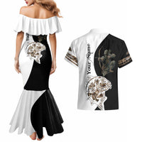 Carp Hunter Bowfishing Customize Name Couples Matching Mermaid Dress and Hawaiian Shirt Camouflage Archer Graphic and Black White Split Layout - Wonder Print Shop