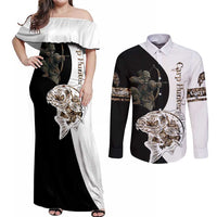 Carp Hunter Bowfishing Customize Name Couples Matching Off Shoulder Maxi Dress and Long Sleeve Button Shirt Camouflage Archer Graphic and Black White Split Layout - Wonder Print Shop