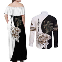 Carp Hunter Bowfishing Customize Name Couples Matching Off Shoulder Maxi Dress and Long Sleeve Button Shirt Camouflage Archer Graphic and Black White Split Layout - Wonder Print Shop