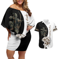 Carp Hunter Bowfishing Customize Name Couples Matching Off Shoulder Short Dress and Hawaiian Shirt Camouflage Archer Graphic and Black White Split Layout - Wonder Print Shop