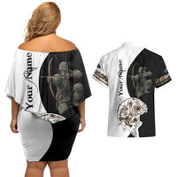 Carp Hunter Bowfishing Customize Name Couples Matching Off Shoulder Short Dress and Hawaiian Shirt Camouflage Archer Graphic and Black White Split Layout - Wonder Print Shop