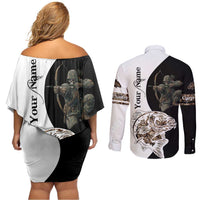 Carp Hunter Bowfishing Customize Name Couples Matching Off Shoulder Short Dress and Long Sleeve Button Shirt Camouflage Archer Graphic and Black White Split Layout - Wonder Print Shop