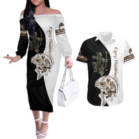 Carp Hunter Bowfishing Customize Name Couples Matching Off The Shoulder Long Sleeve Dress and Hawaiian Shirt Camouflage Archer Graphic and Black White Split Layout - Wonder Print Shop