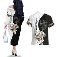 Carp Hunter Bowfishing Customize Name Couples Matching Off The Shoulder Long Sleeve Dress and Hawaiian Shirt Camouflage Archer Graphic and Black White Split Layout - Wonder Print Shop