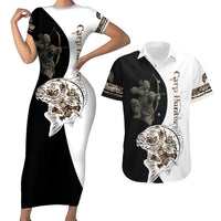 Carp Hunter Bowfishing Customize Name Couples Matching Short Sleeve Bodycon Dress and Hawaiian Shirt Camouflage Archer Graphic and Black White Split Layout - Wonder Print Shop