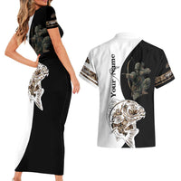 Carp Hunter Bowfishing Customize Name Couples Matching Short Sleeve Bodycon Dress and Hawaiian Shirt Camouflage Archer Graphic and Black White Split Layout - Wonder Print Shop