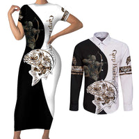 Carp Hunter Bowfishing Customize Name Couples Matching Short Sleeve Bodycon Dress and Long Sleeve Button Shirt Camouflage Archer Graphic and Black White Split Layout - Wonder Print Shop