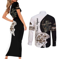 Carp Hunter Bowfishing Customize Name Couples Matching Short Sleeve Bodycon Dress and Long Sleeve Button Shirt Camouflage Archer Graphic and Black White Split Layout - Wonder Print Shop