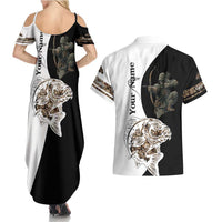Carp Hunter Bowfishing Customize Name Couples Matching Summer Maxi Dress and Hawaiian Shirt Camouflage Archer Graphic and Black White Split Layout - Wonder Print Shop