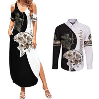 Carp Hunter Bowfishing Customize Name Couples Matching Summer Maxi Dress and Long Sleeve Button Shirt Camouflage Archer Graphic and Black White Split Layout - Wonder Print Shop