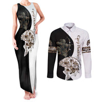Carp Hunter Bowfishing Customize Name Couples Matching Tank Maxi Dress and Long Sleeve Button Shirt Camouflage Archer Graphic and Black White Split Layout - Wonder Print Shop