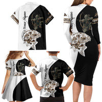 Carp Hunter Bowfishing Customize Name Family Matching Long Sleeve Bodycon Dress and Hawaiian Shirt Camouflage Archer Graphic and Black White Split Layout - Wonder Print Shop