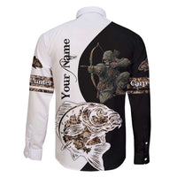 Carp Hunter Bowfishing Customize Name Family Matching Long Sleeve Bodycon Dress and Hawaiian Shirt Camouflage Archer Graphic and Black White Split Layout - Wonder Print Shop
