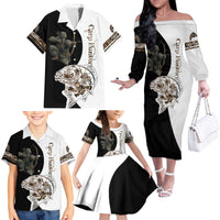 Carp Hunter Bowfishing Customize Name Family Matching Off The Shoulder Long Sleeve Dress and Hawaiian Shirt Camouflage Archer Graphic and Black White Split Layout - Wonder Print Shop