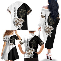 Carp Hunter Bowfishing Customize Name Family Matching Off The Shoulder Long Sleeve Dress and Hawaiian Shirt Camouflage Archer Graphic and Black White Split Layout - Wonder Print Shop