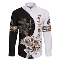 Carp Hunter Bowfishing Customize Name Family Matching Off The Shoulder Long Sleeve Dress and Hawaiian Shirt Camouflage Archer Graphic and Black White Split Layout - Wonder Print Shop