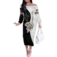 Carp Hunter Bowfishing Customize Name Family Matching Off The Shoulder Long Sleeve Dress and Hawaiian Shirt Camouflage Archer Graphic and Black White Split Layout - Wonder Print Shop