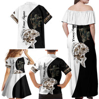 Carp Hunter Bowfishing Customize Name Family Matching Off Shoulder Maxi Dress and Hawaiian Shirt Camouflage Archer Graphic and Black White Split Layout - Wonder Print Shop