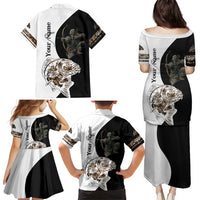 Carp Hunter Bowfishing Customize Name Family Matching Puletasi and Hawaiian Shirt Camouflage Archer Graphic and Black White Split Layout - Wonder Print Shop