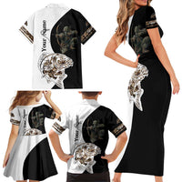Carp Hunter Bowfishing Customize Name Family Matching Short Sleeve Bodycon Dress and Hawaiian Shirt Camouflage Archer Graphic and Black White Split Layout - Wonder Print Shop