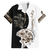 Carp Hunter Bowfishing Customize Name Family Matching Short Sleeve Bodycon Dress and Hawaiian Shirt Camouflage Archer Graphic and Black White Split Layout - Wonder Print Shop