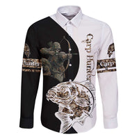 Carp Hunter Bowfishing Customize Name Family Matching Short Sleeve Bodycon Dress and Hawaiian Shirt Camouflage Archer Graphic and Black White Split Layout - Wonder Print Shop