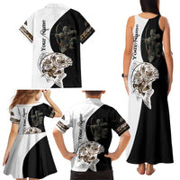 Carp Hunter Bowfishing Customize Name Family Matching Tank Maxi Dress and Hawaiian Shirt Camouflage Archer Graphic and Black White Split Layout - Wonder Print Shop