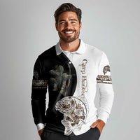 Carp Hunter Bowfishing Customize Name Long Sleeve Polo Shirt Camouflage Archer Graphic and Black White Split Layout - Wonder Print Shop
