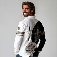 Carp Hunter Bowfishing Customize Name Long Sleeve Polo Shirt Camouflage Archer Graphic and Black White Split Layout - Wonder Print Shop