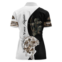 Carp Hunter Bowfishing Customize Name Women Polo Shirt Camouflage Archer Graphic and Black White Split Layout - Wonder Print Shop