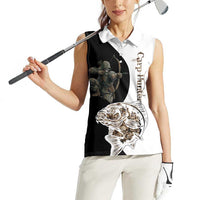 Carp Hunter Bowfishing Customize Name Women Sleeveless Polo Shirt Camouflage Archer Graphic and Black White Split Layout - Wonder Print Shop