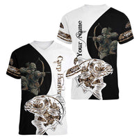 Carp Hunter Bowfishing Customize Name Women V-Neck T-Shirt Camouflage Archer Graphic and Black White Split Layout - Wonder Print Shop