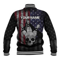 Personalized Skull Bowling Baseball Jacket Distressed American Flag in Dark Grunge Design - Wonder Print Shop