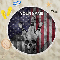 Personalized Skull Bowling Beach Blanket Distressed American Flag in Dark Grunge Design - Wonder Print Shop